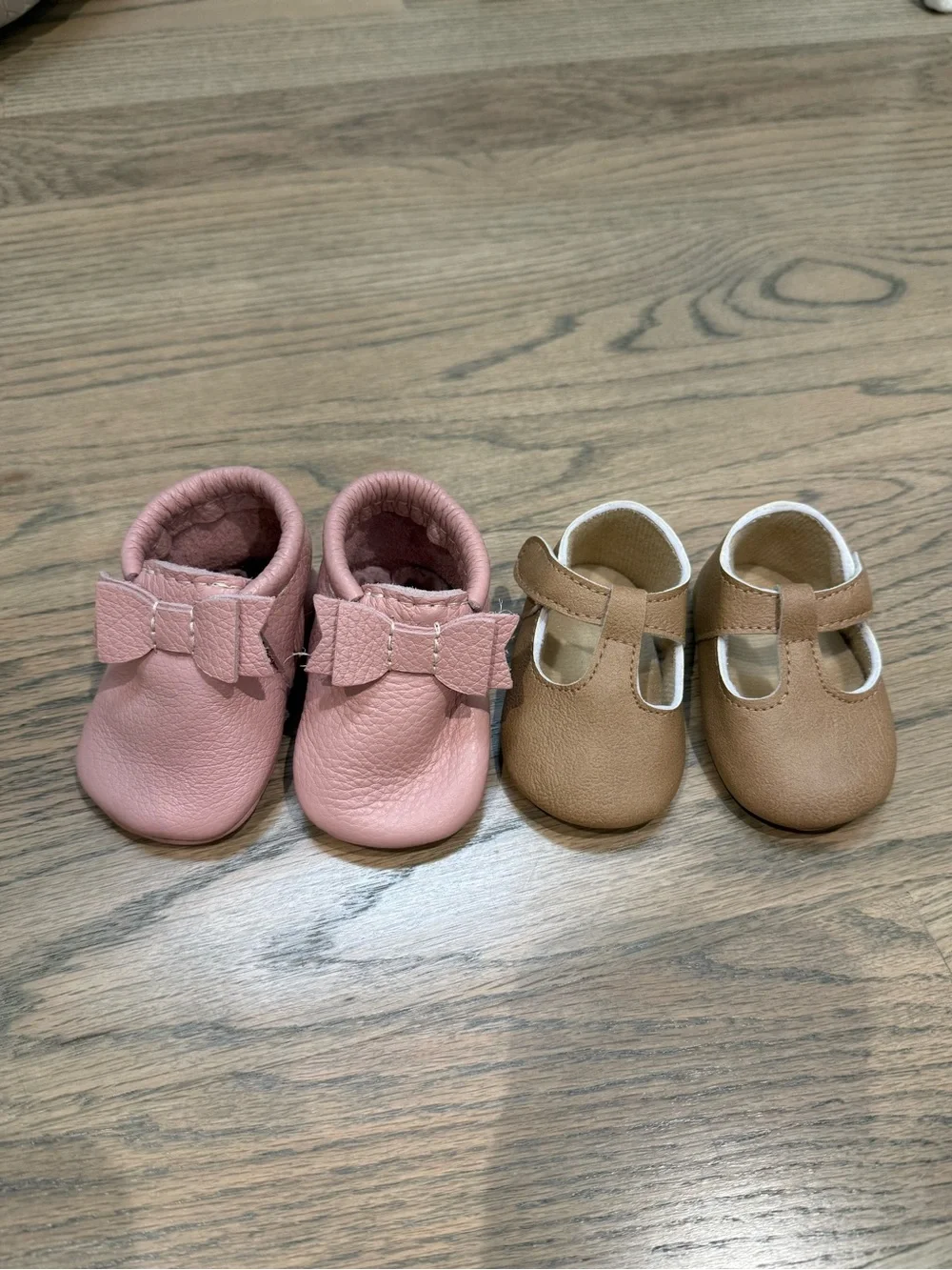 Girls Baby Pink Bow Soft Leather Booties & Tan Mary Jane Set